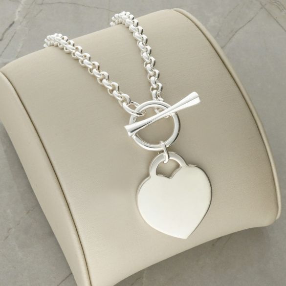 Sterling Silver Ladies T Bar Bracelet With Heart Charm and Optional Engraving