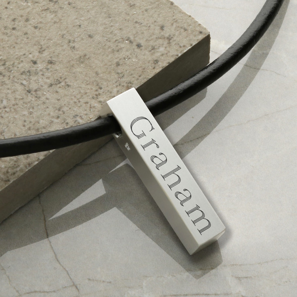 Men's Silver Heavy 3D Engraved Bar Pendant With Leather Necklace