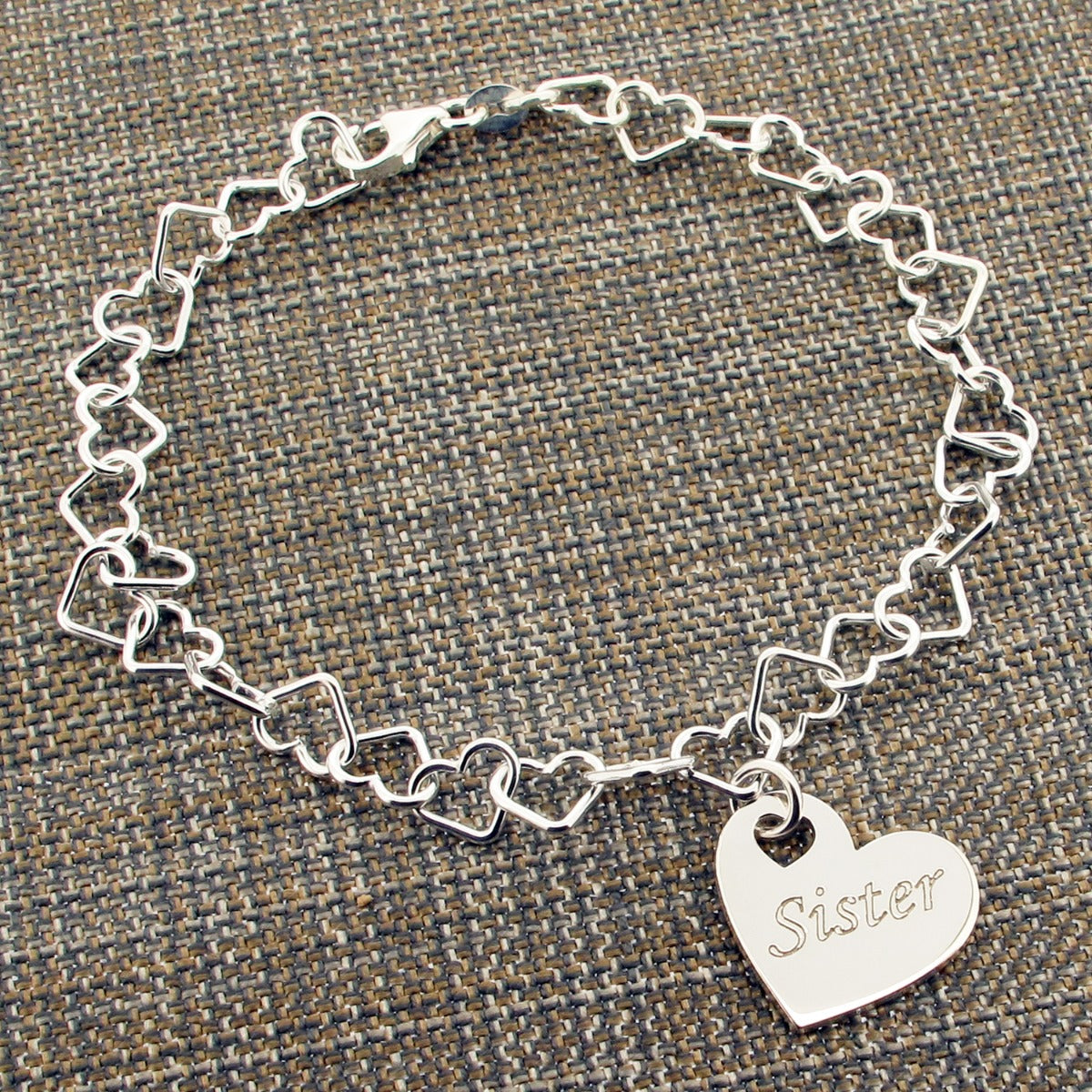Sterling Silver Light Heart Link Bracelet Or Anklet With Personalised Family Heart Charm