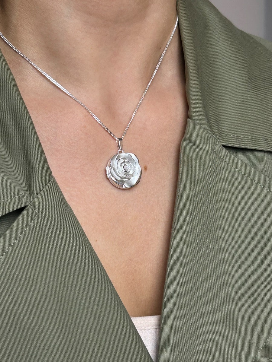 Sterling Silver Round 3D Rose Locket With Optional Engraving & Chain