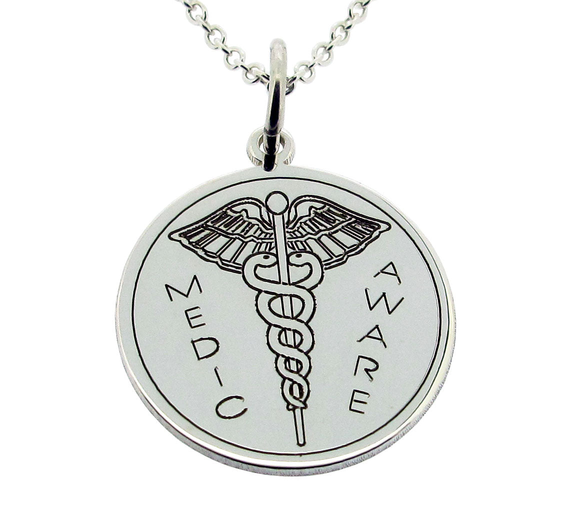 Sterling Silver Engraved Medic Aware Eagle Round Pendant & Optional Chain