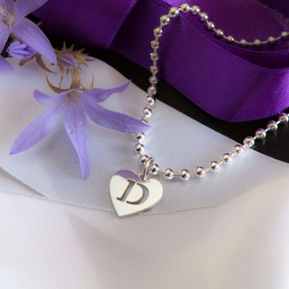 Sterling Silver Charm Bracelet With Heart Initial Charm & Chain Style Choice