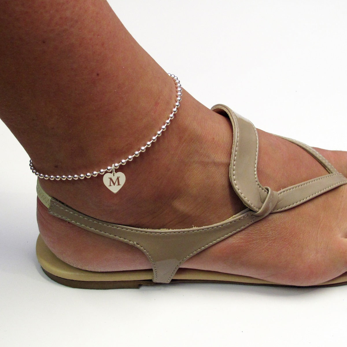 Sterling Silver Bead Ball Anklet With Initial Heart Charm
