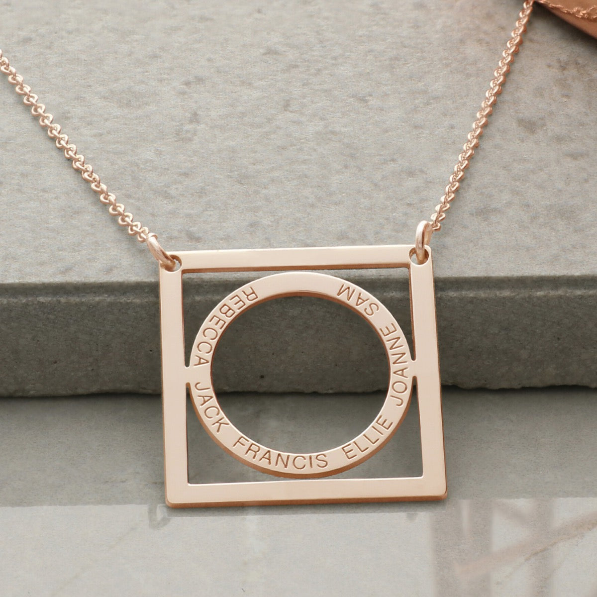 9ct Rose Gold Vermeil Family Circle In Square Necklace
