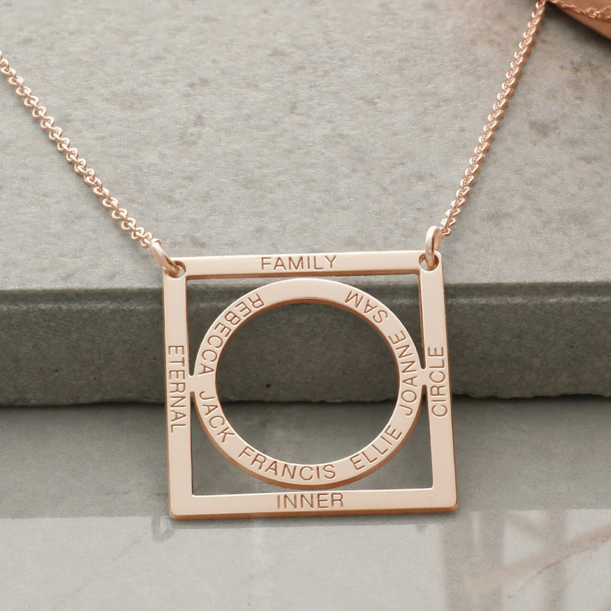 9ct Rose Gold Vermeil Family Circle In Square Necklace