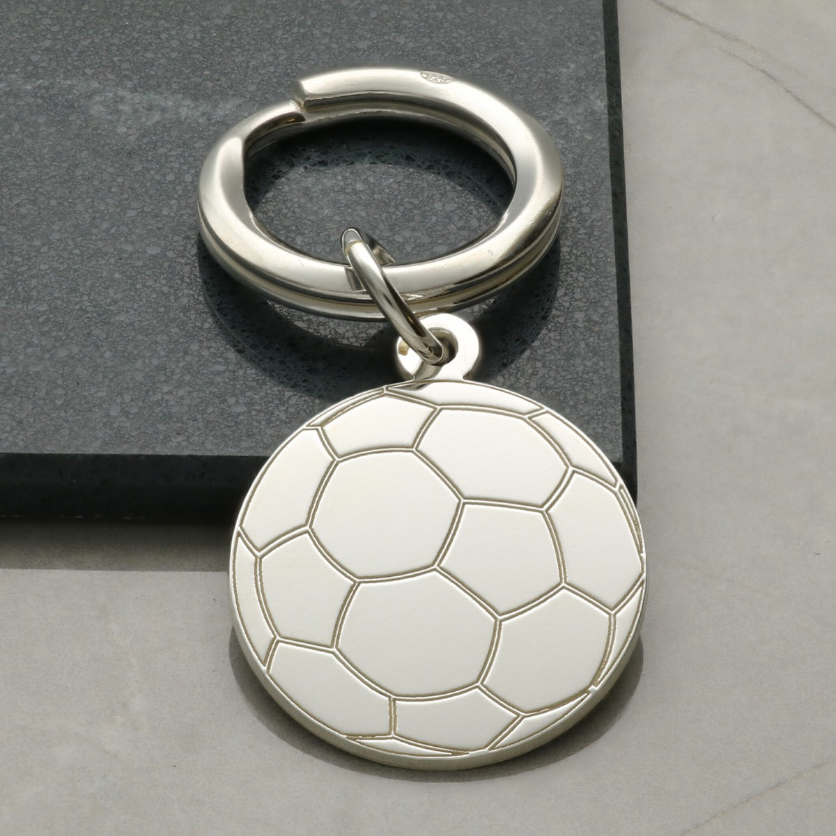 Sterling Silver Round Engraved Football Keyring
