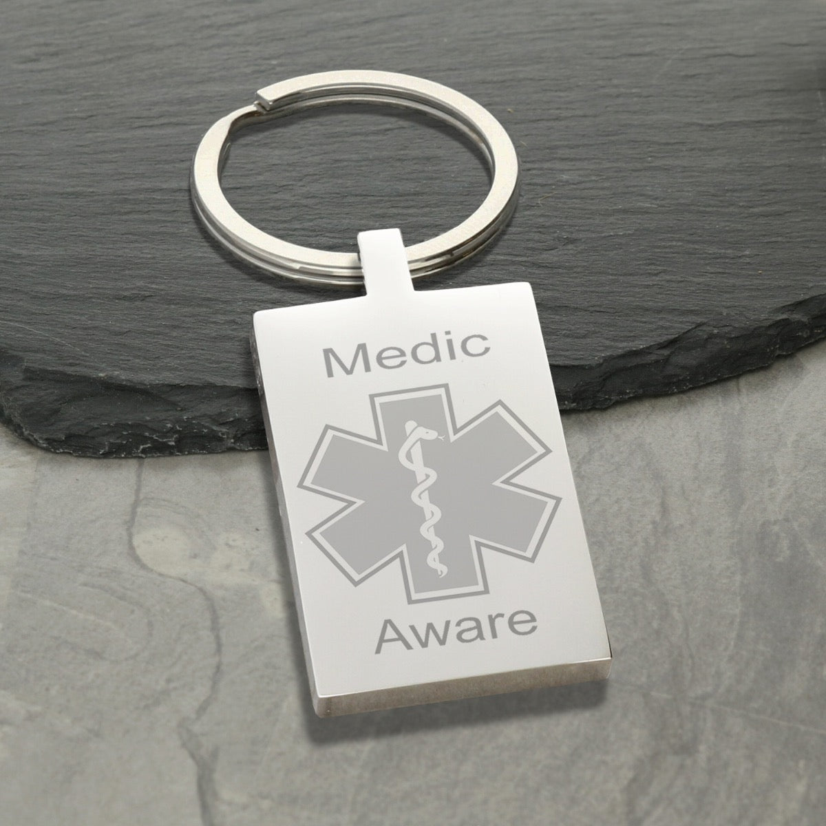 Mirror Polished Rectangle Medic Aware Star Of Life Keyring With Engraving