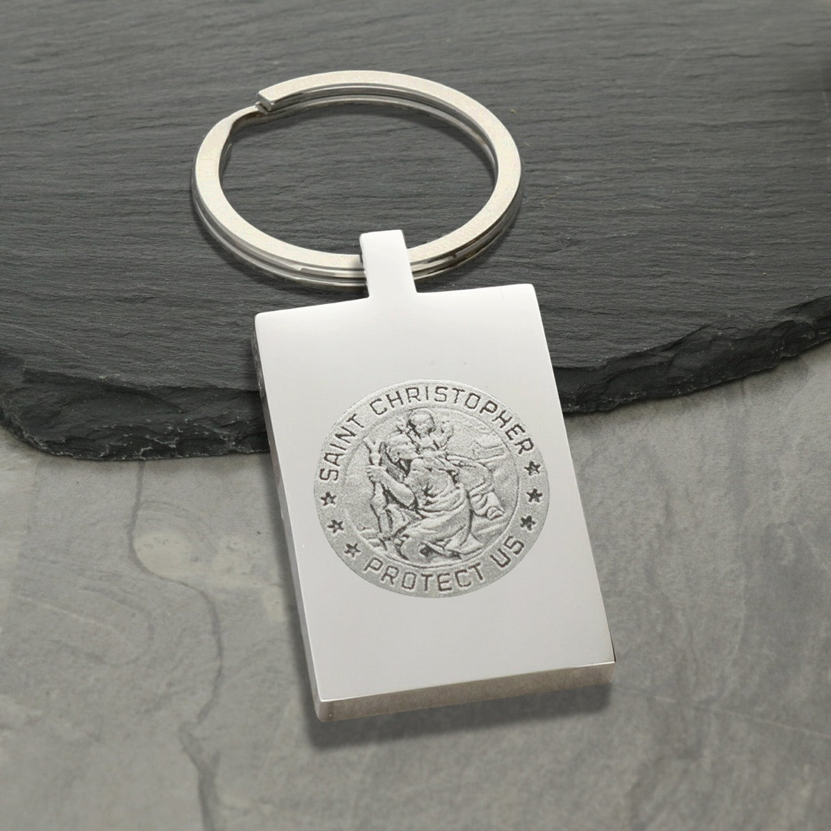 Mirror Polished Rectangle St Christopher Keyring With Optional Engraving
