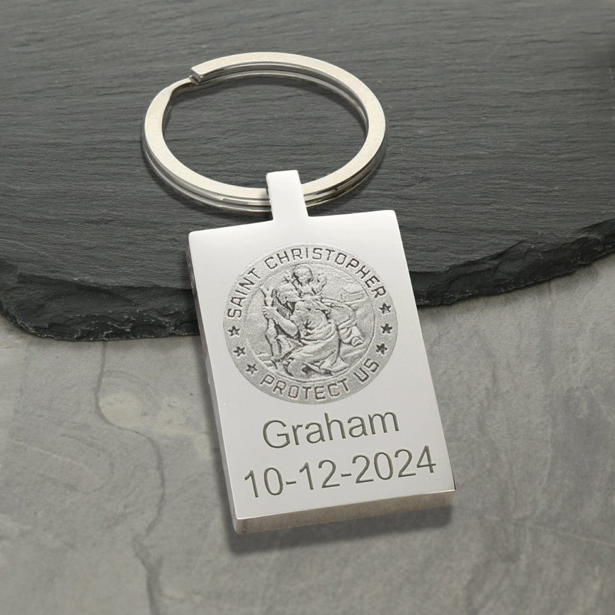 Mirror Polished Rectangle St Christopher Keyring With Optional Engraving