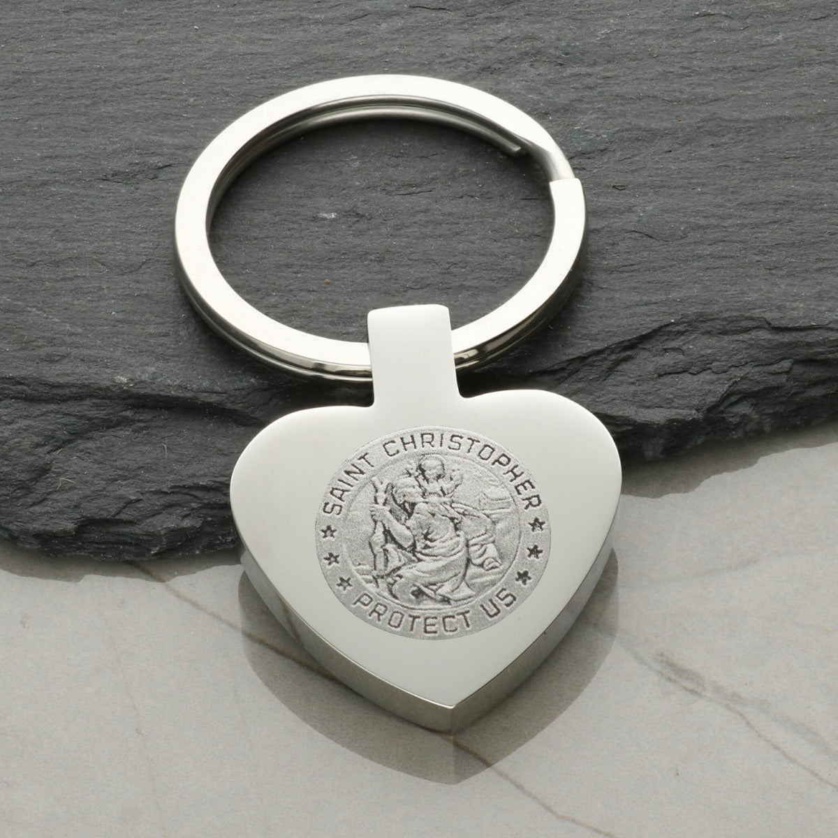 Mirror Polished Heart St Christopher Keyring With Optional Engraving