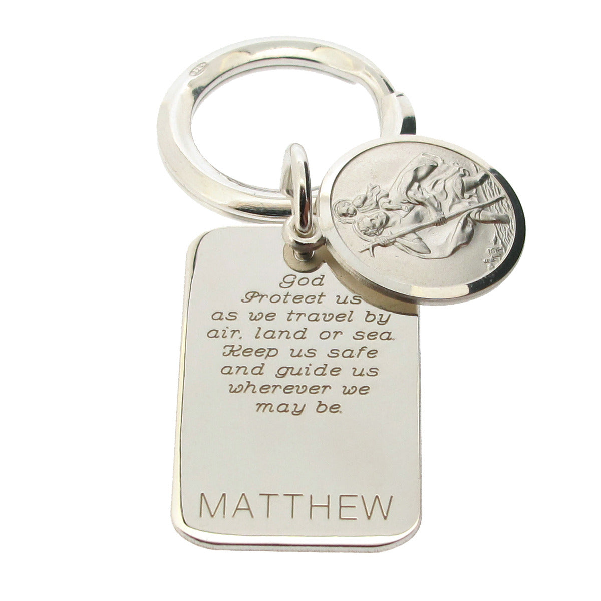 Sterling Silver Personalised Rectangle St Christopher Keyring With Travellers Prayer