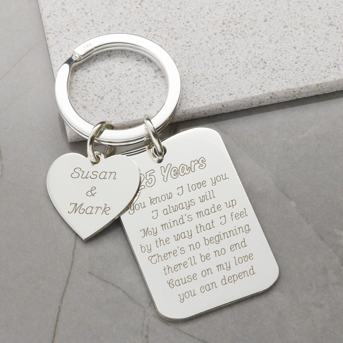 Sterling Silver Personalised Heart and Tag Anniversary Keyring with Optional Engraving