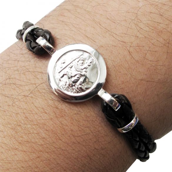 Men's Leather and Sterling Silver St Christopher Bracelet With Optional Engraving