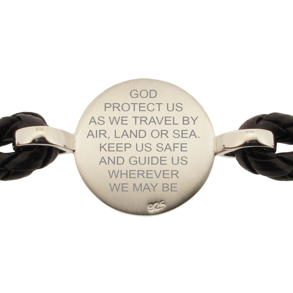 Ladies Leather and Sterling Silver St Christopher Bracelet With Travellers Prayer On Black Leather Bracelet (Reverse)