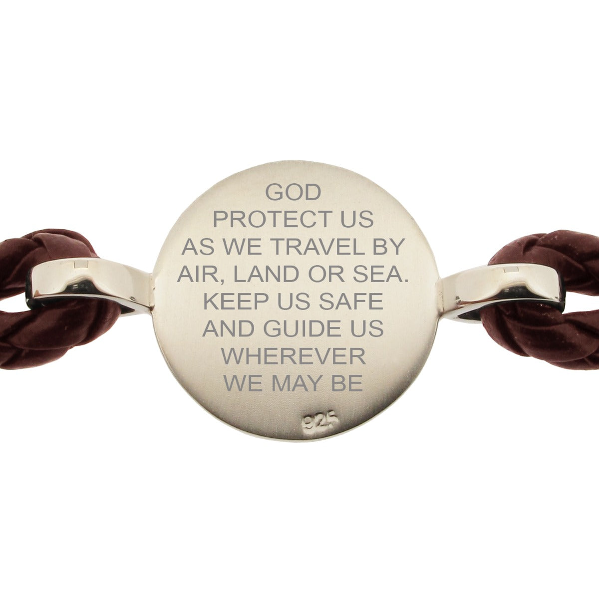 Ladies Leather and Sterling Silver St Christopher Bracelet With Travellers Prayer On Brown Leather Bracelet (Reverse)
