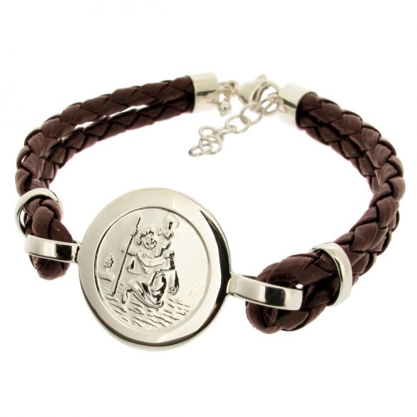 Ladies Leather and Sterling Silver St Christopher Bracelet With Optional Engraving