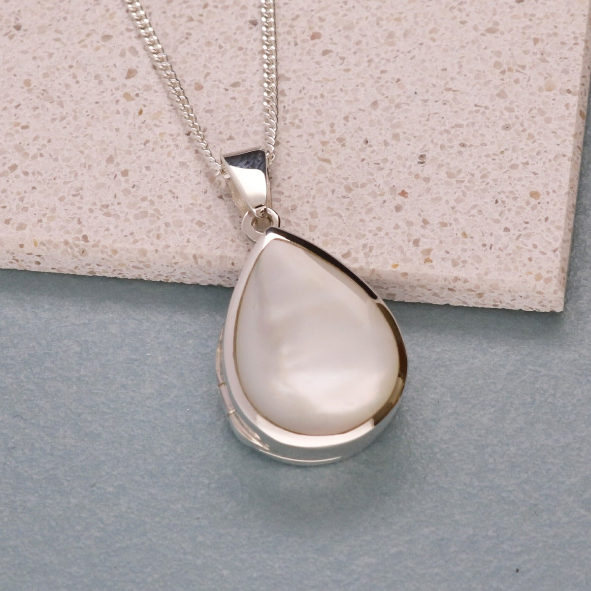 Sterling Silver Tear Drop White Mother Of Pearl Locket With Optional Engraving & Chain