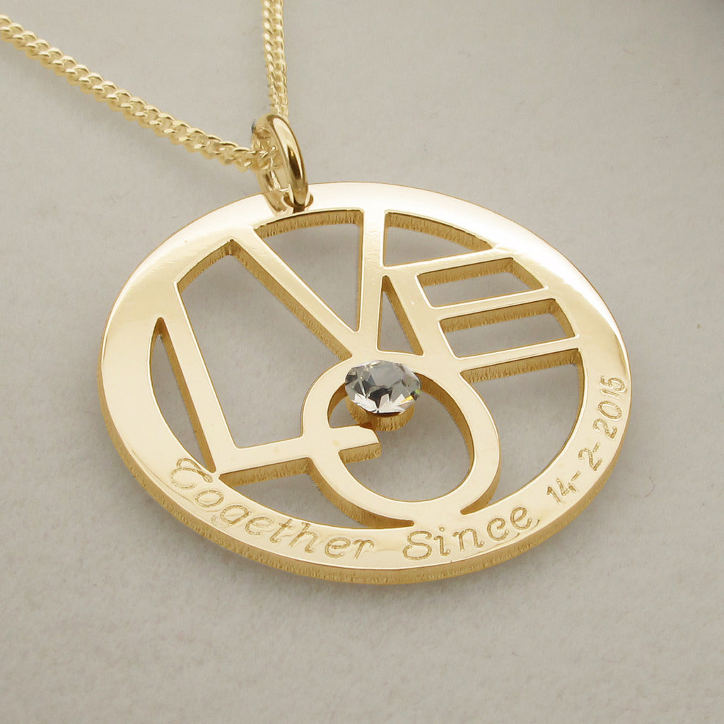 9ct Yellow Gold Round LOVE Pendant With Optional Swarovski Crystal and Chain