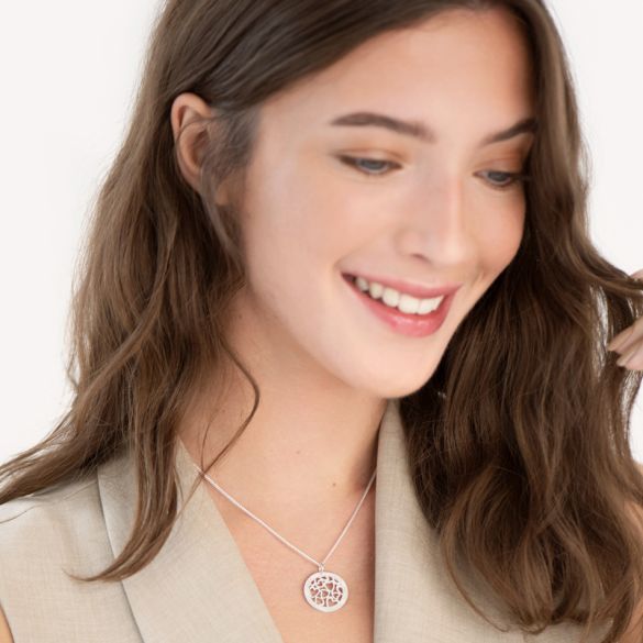 Sterling Silver Hearts in Engraved Disc Necklace