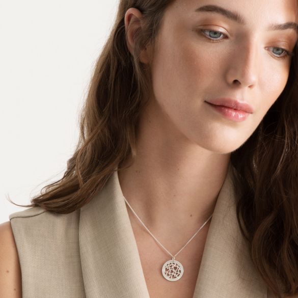 Sterling Silver Hearts in Engraved Disc Necklace