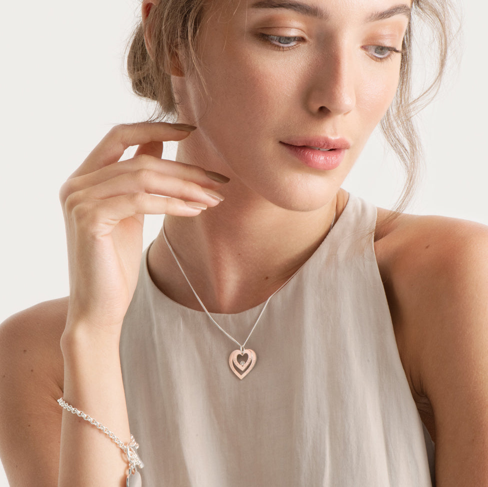 Sterling Silver Double Heart Personalised Necklace With Diamond
