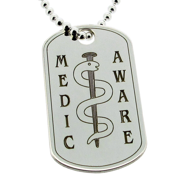 Sterling Silver Medic Aware Rod & Snake Large Dog Tag With Engraving