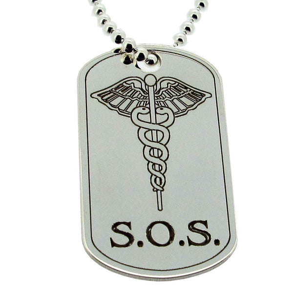 Sterling Silver SOS Medic Aware Large Dog Tag With Engraving
