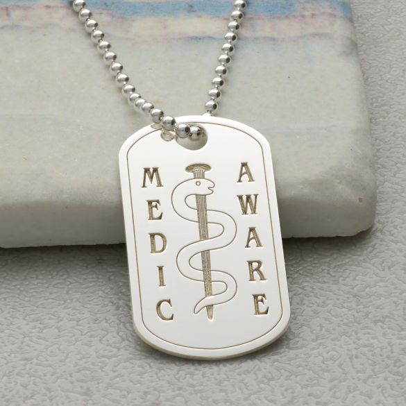 Sterling Silver Medic Aware Rod & Snake Dog Tag With Engraving