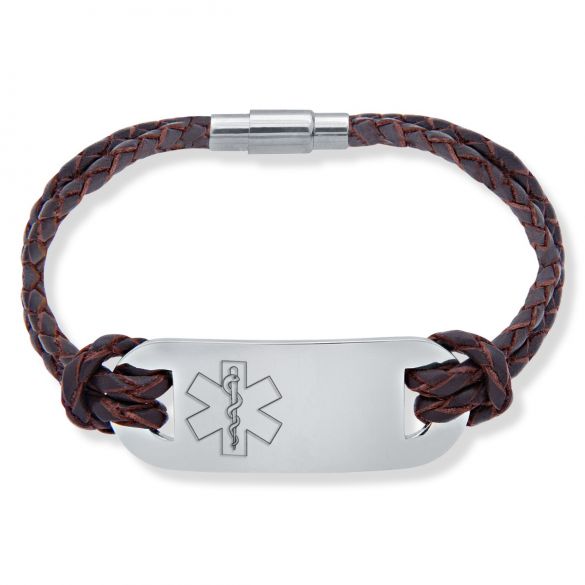 Men's Leather and Stainless Steel Medical Bracelet