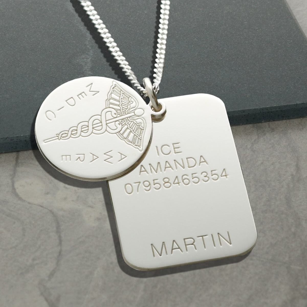 Sterling Silver Medic Aware ICE Tag & Disc Pendant With Optional Chain