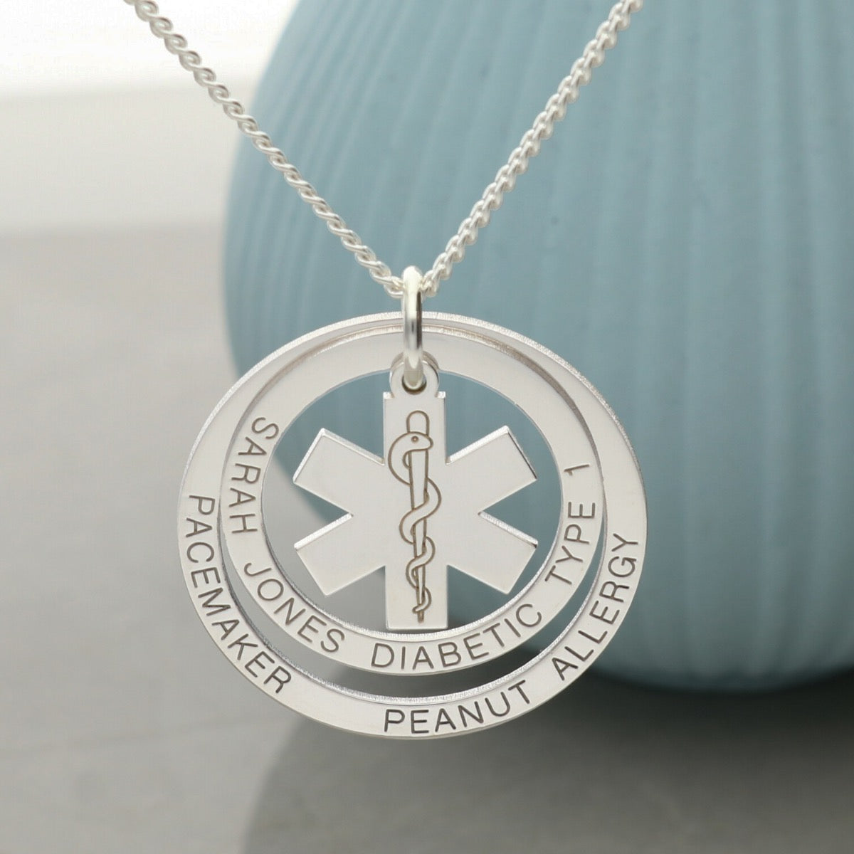 Sterling Silver Two Disc Engraved Medical Alert Necklace With Star Of Life
