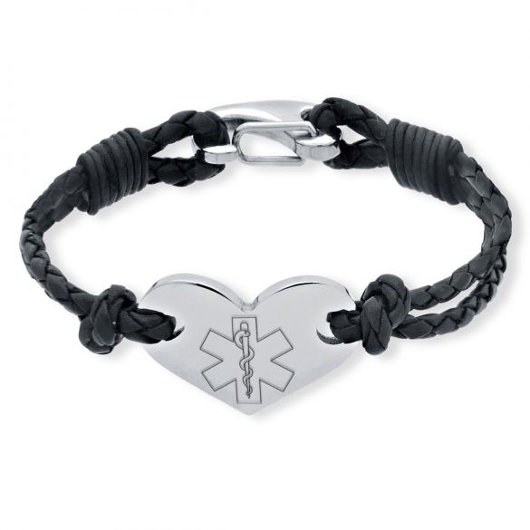 Leather and Stainless Steel Heart Medical Bracelet For Women
