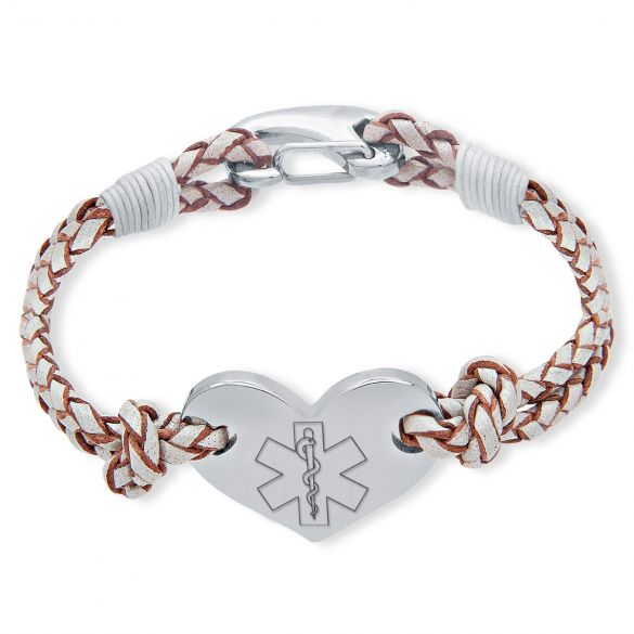 Leather and Stainless Steel Heart Medical Bracelet For Women