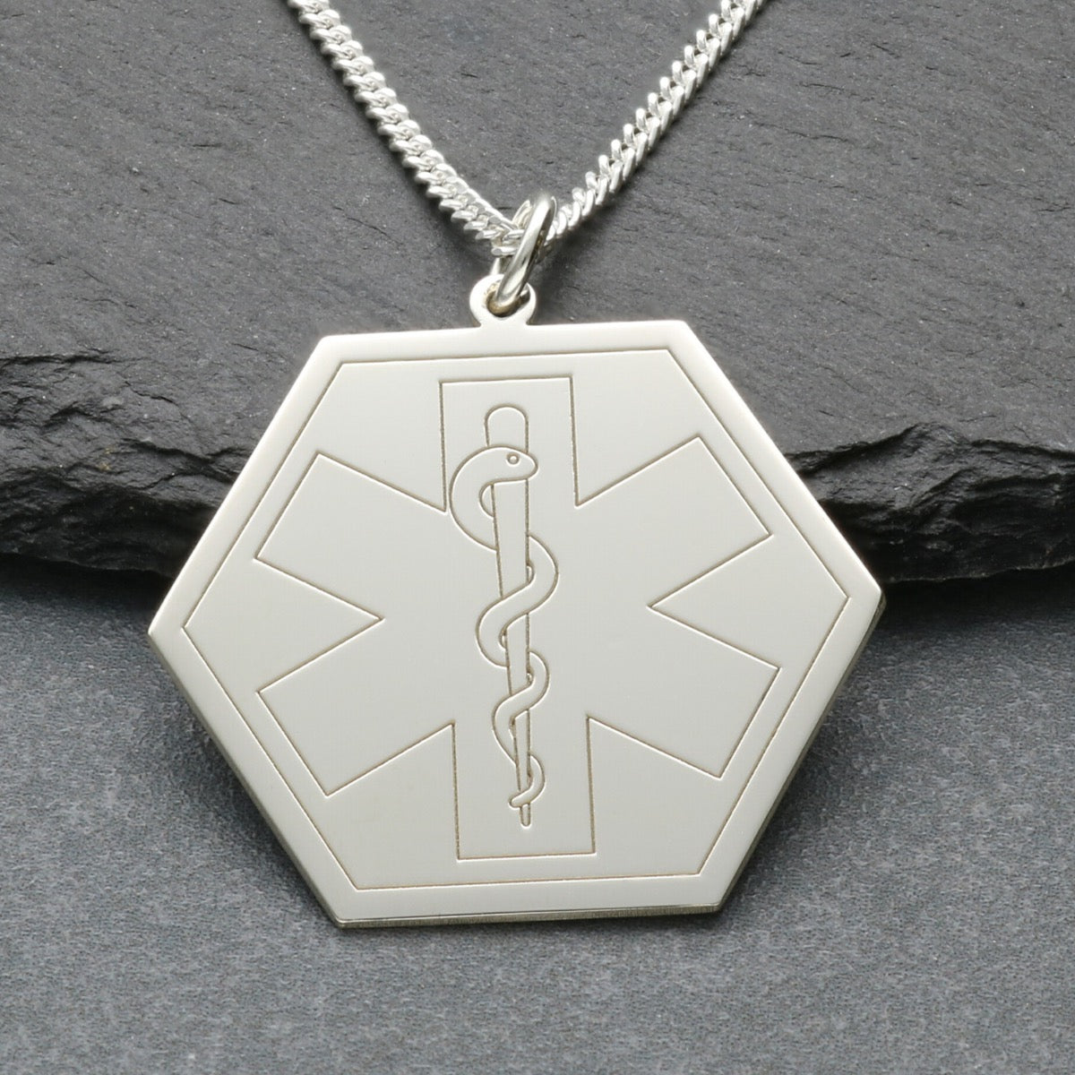 Sterling Silver Medic Aware Hexagon Star Of Life & Snake Pendant With Optional Chain
