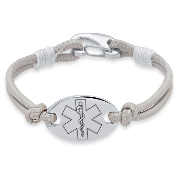 Leather and Stainless Steel Oval Medical Bracelet For Women