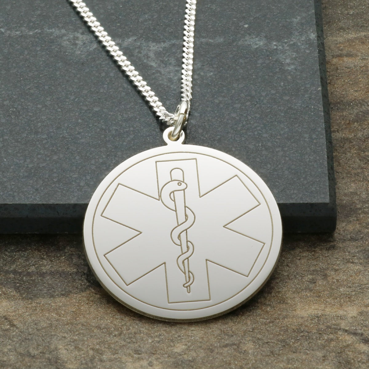 Sterling Silver Medic Aware Star of Life & Snake Round Pendant With Optional Chain