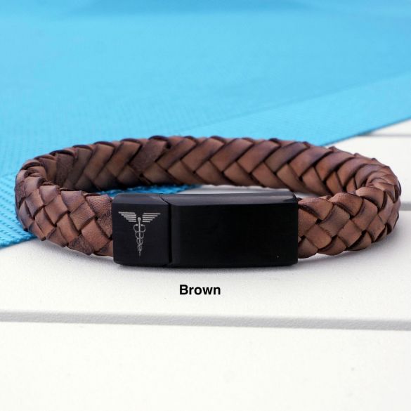 Unisex Leather and Stainless Steel Medic Bracelet with Free Engraving