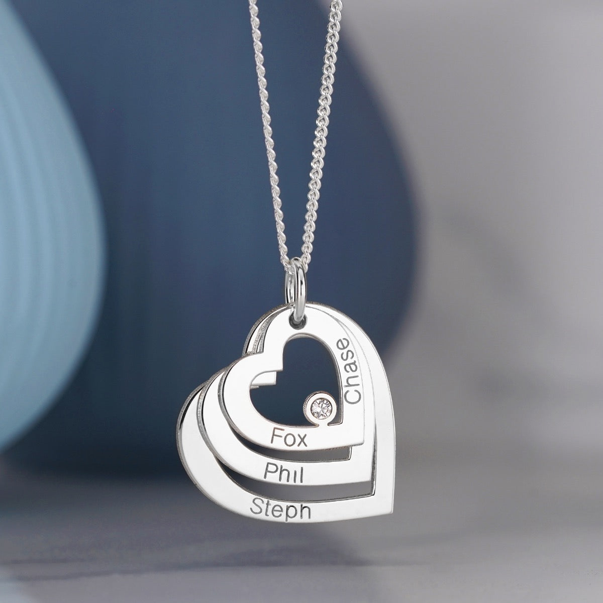Sterling Silver Engraved Triple Heart Pendant With Diamond