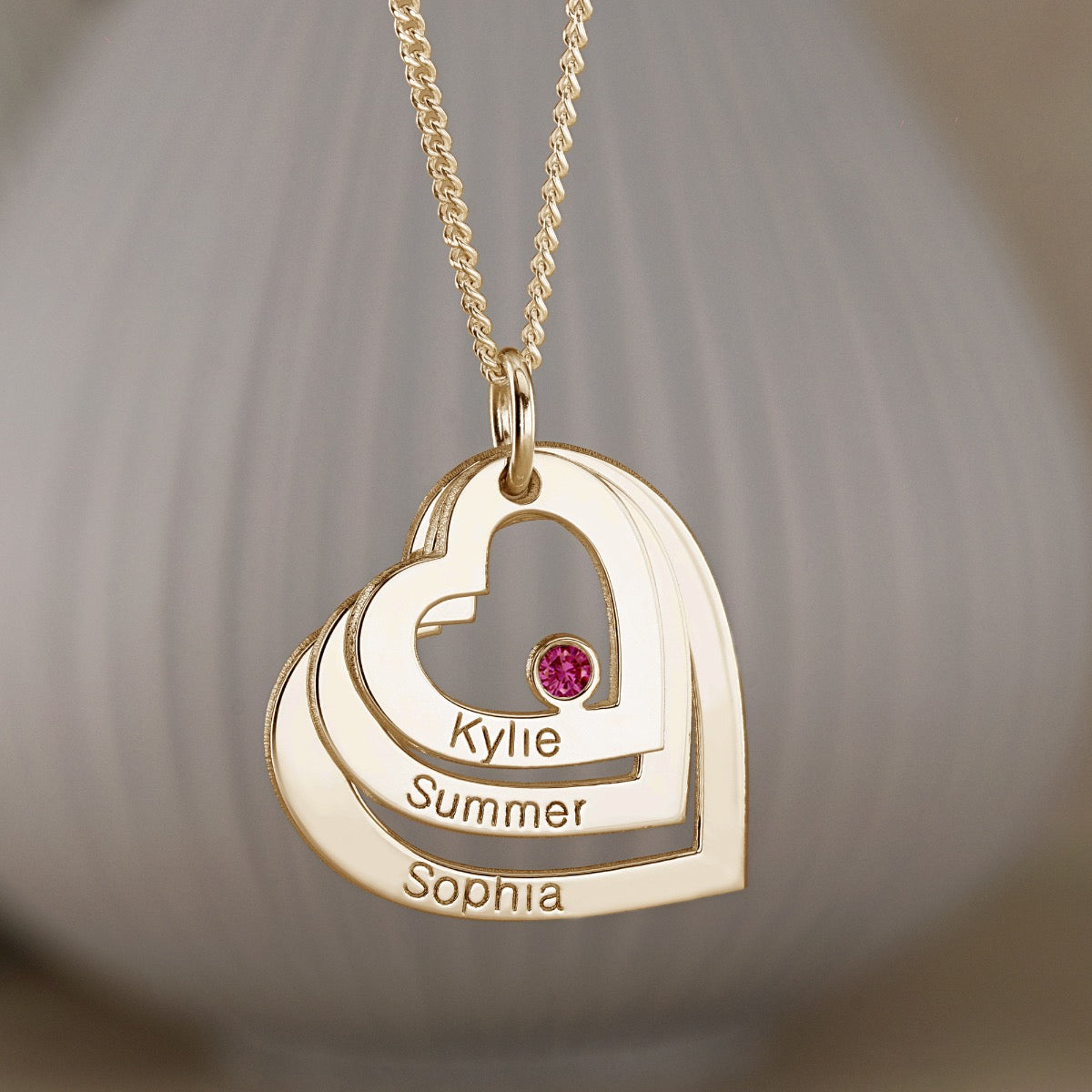 9ct Yellow Gold  Plated Engraved Triple Heart Pendant With Ruby