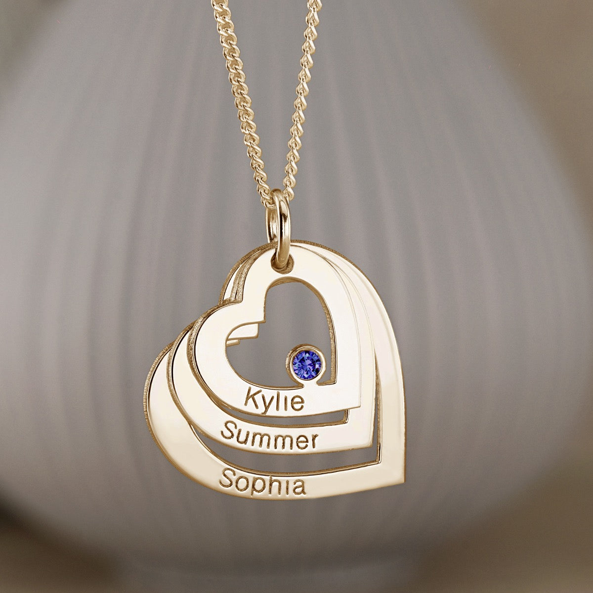 9ct Solid Yellow Gold Engraved Triple Heart Pendant With Sapphire