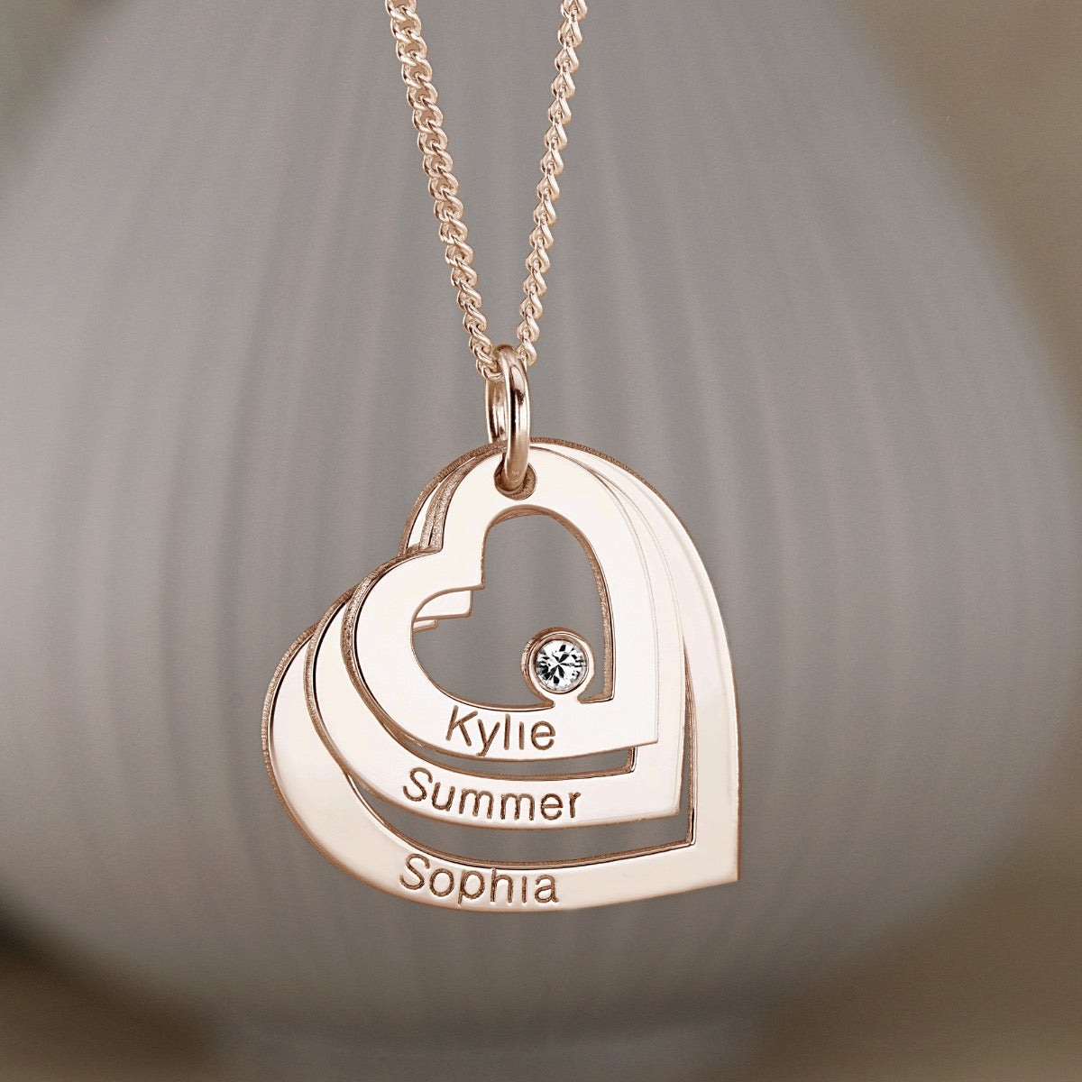 9ct Rose Gold Vermeil Engraved Triple Heart Pendant With Diamond