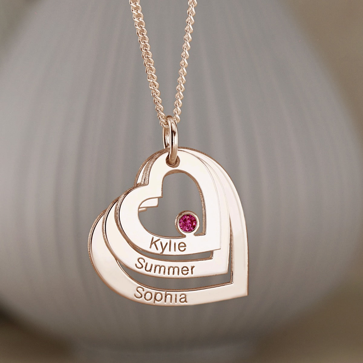 9ct Rose Gold Vermeil Engraved Triple Heart Pendant With Ruby