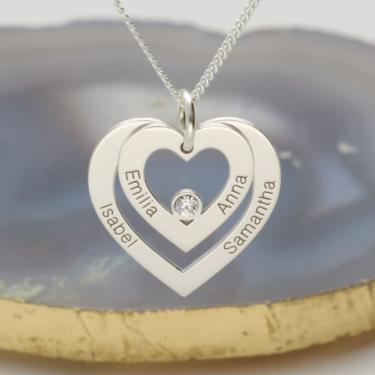 Sterling Silver Double Heart Personalised Necklace With Diamond