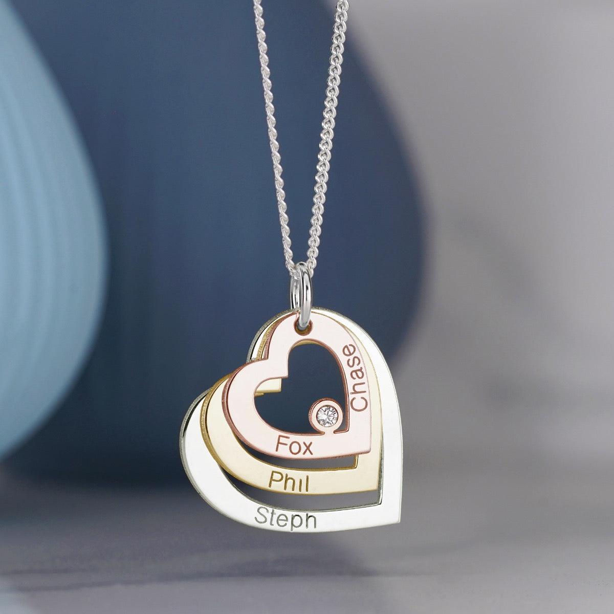 Three Colour Gold Vermeil Triple Heart Family Pendant With Diamond & Optional Chain