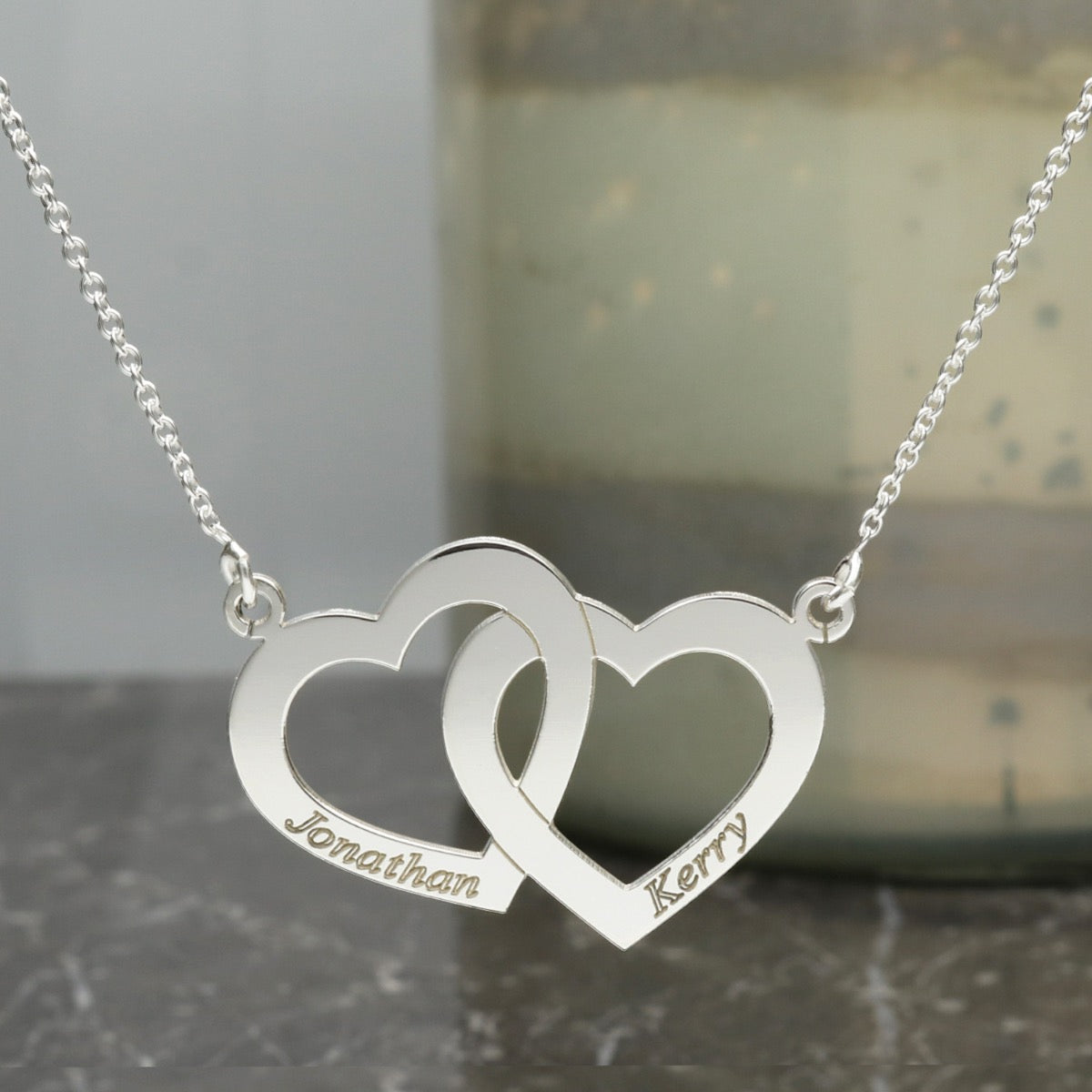9ct White Gold Engraved Horizontal Double Heart Necklace