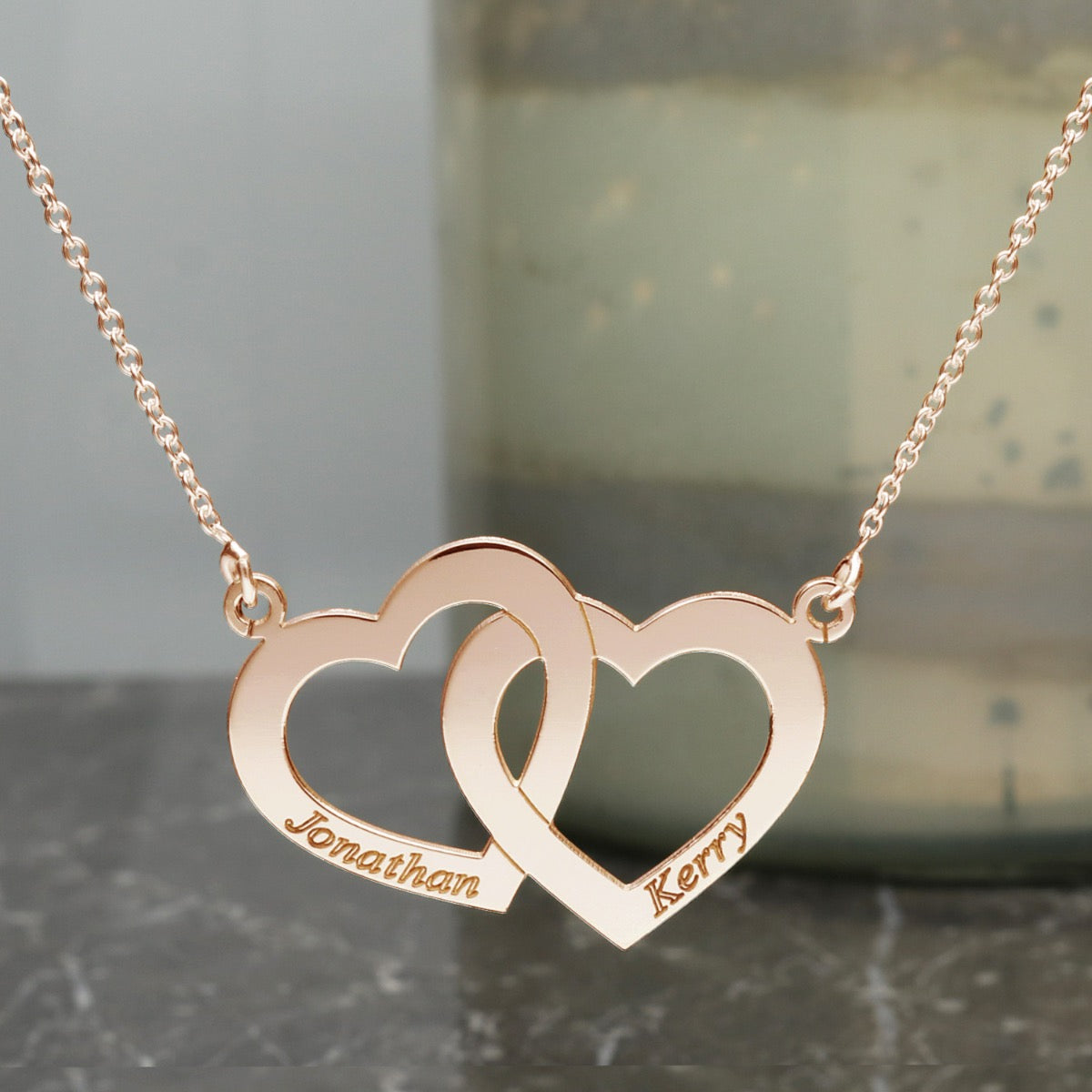 9ct Solid Rose Gold Engraved Horizontal Double Heart Necklace