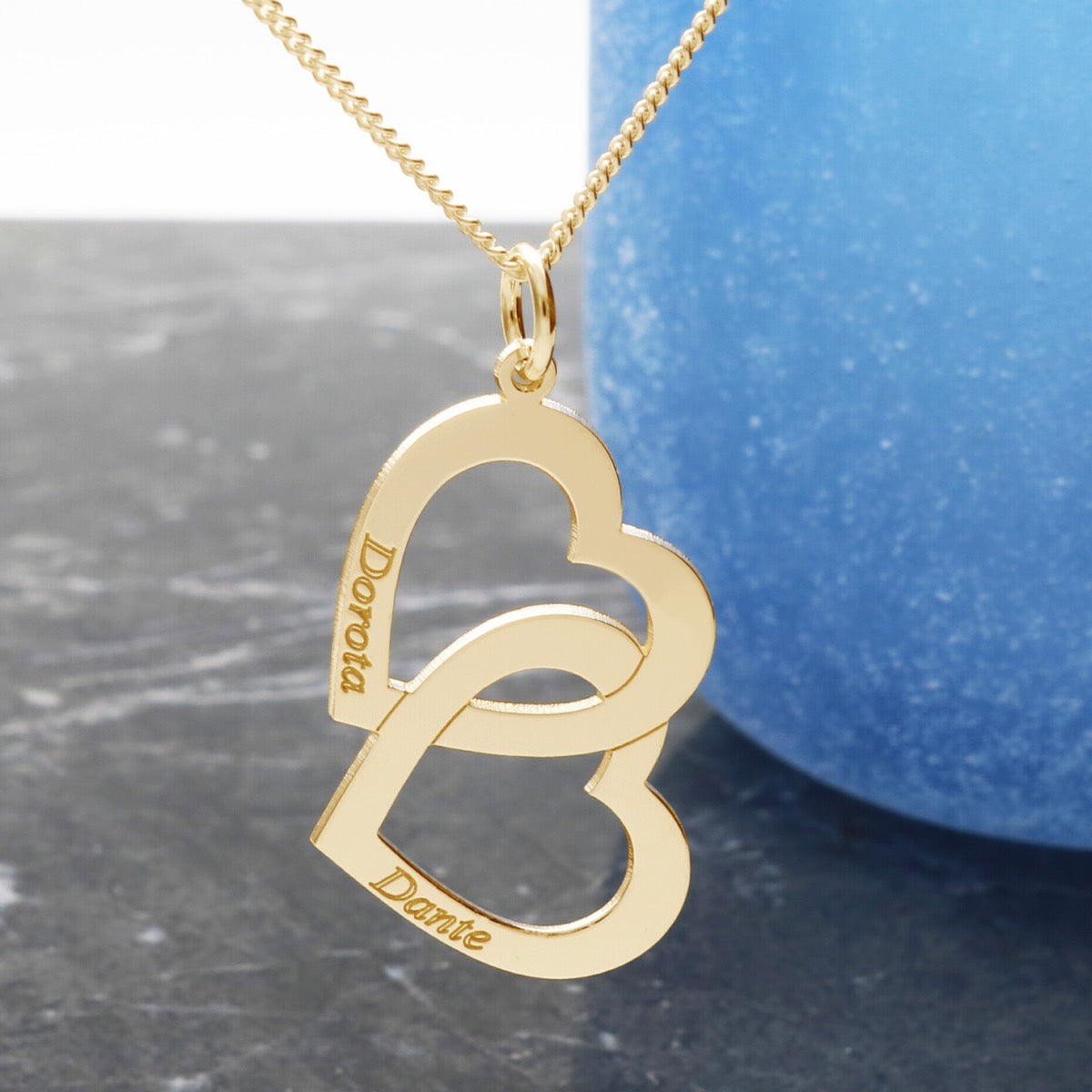 9ct Yellow Gold Vermeil Engraved Vertical Double Heart Pendant With Chain