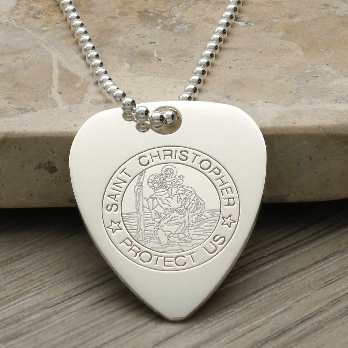 Sterling Silver St Christopher Plectrum Guitar Pick Tag With Optional Engraving & Chain