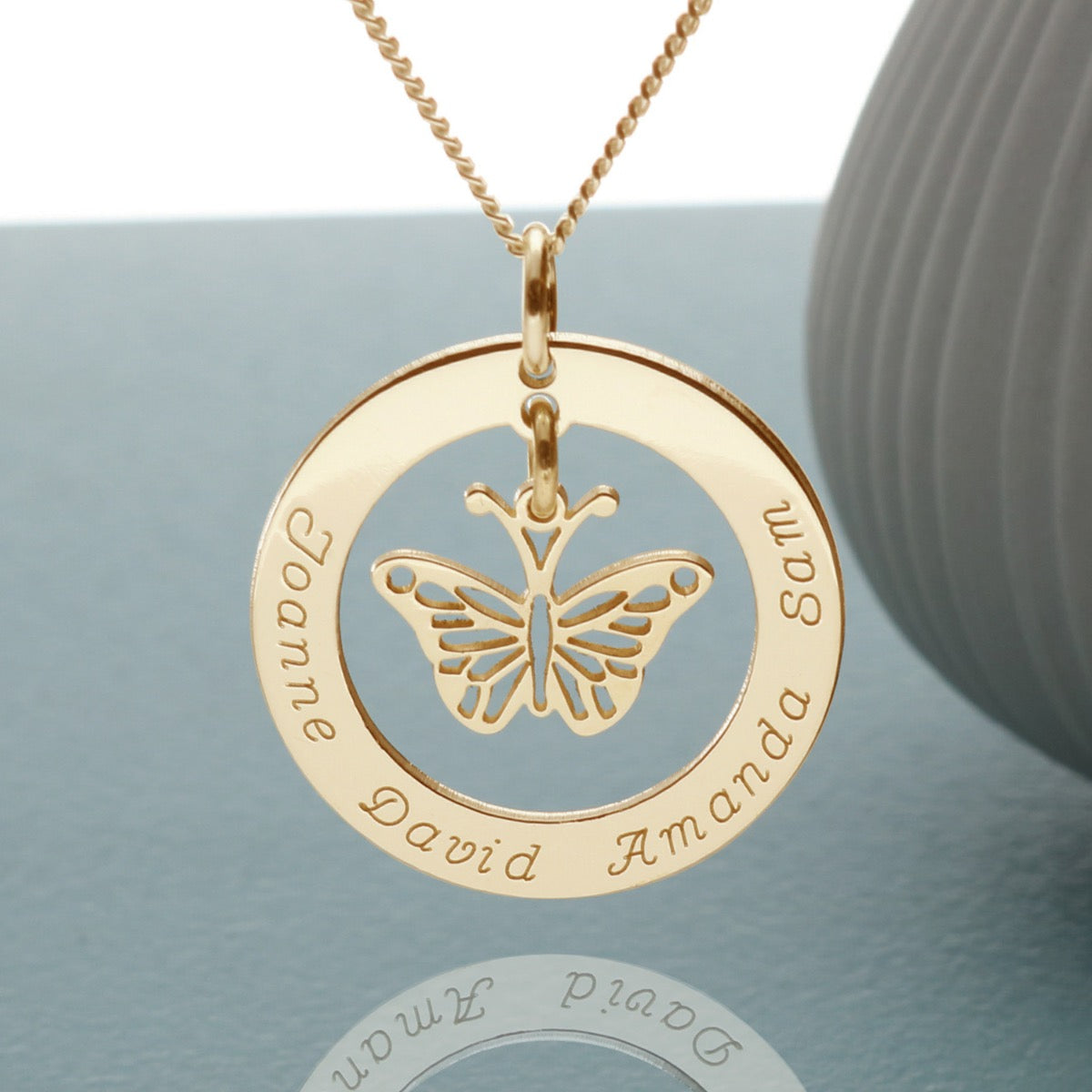 9ct Gold Vermeil Personalised Disc With Hanging Butterfly Pendant Necklace