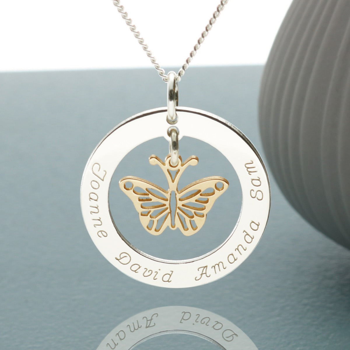 Sterling Silver Personalised Disc With Gold Vermeil Hanging Butterfly Pendant Necklace